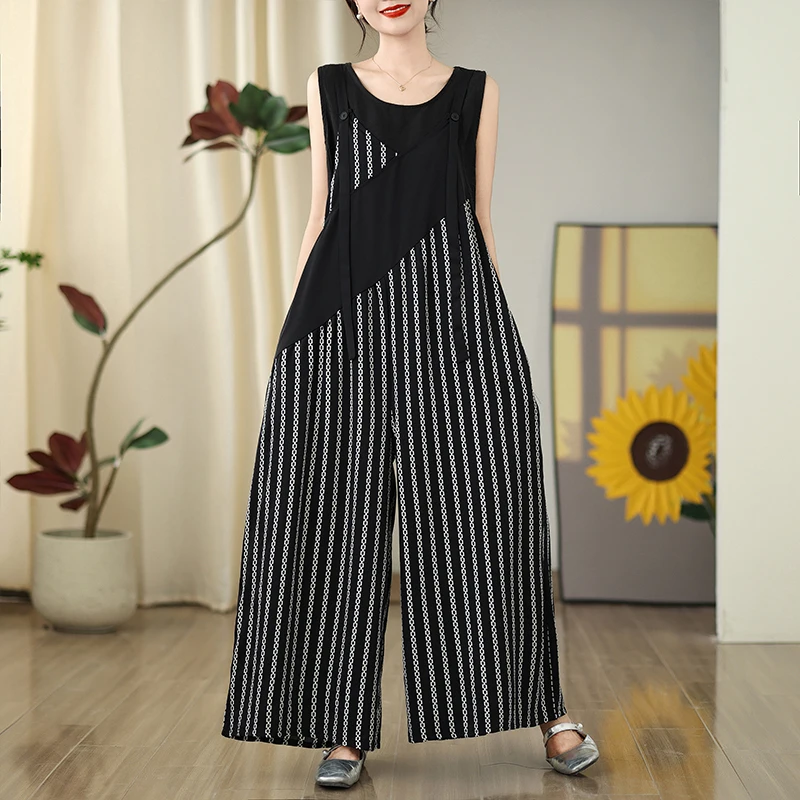 Trendy kleur Blo gestreepte overall loszittende verbergen flatterende wijde pijpen broek zomer casual hoge taille negen P...