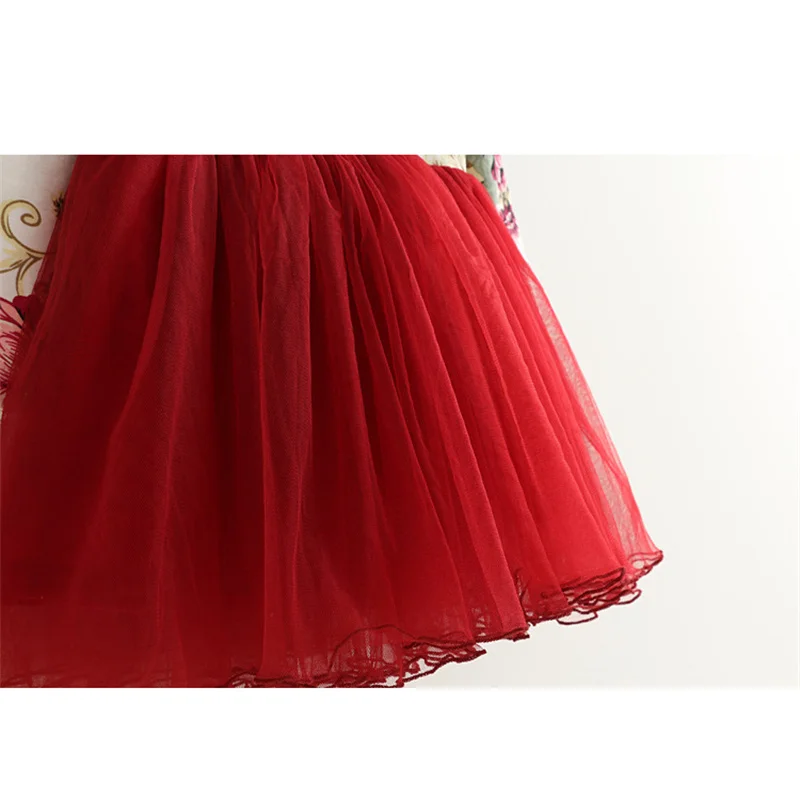 ชุดเด็กฤดูใบไม้ร่วงเด็กทารกดอกไม้พิมพ์ชุดเจ้าหญิงVestidosเด็กวัยหัดเดินเสื้อผ้าเด็กผู้หญิงสีแดงXmas Dresses