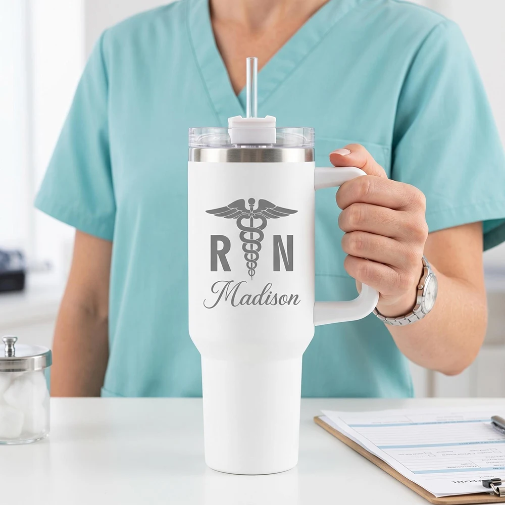 Custom Name 40oz Tumbler With Handle Straw Stainless Steel Insulated Cup Nursing Graduation Christmas Gift For Registered Nurse.