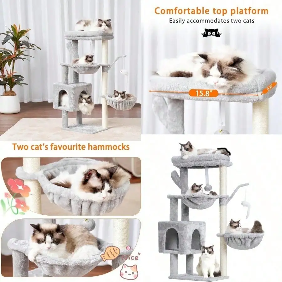 

Кошачья лежанка-башня 39,4 дюйма с когтеточкой, полностью обтянутая сизалем, мягкая платформа, 2 корзины