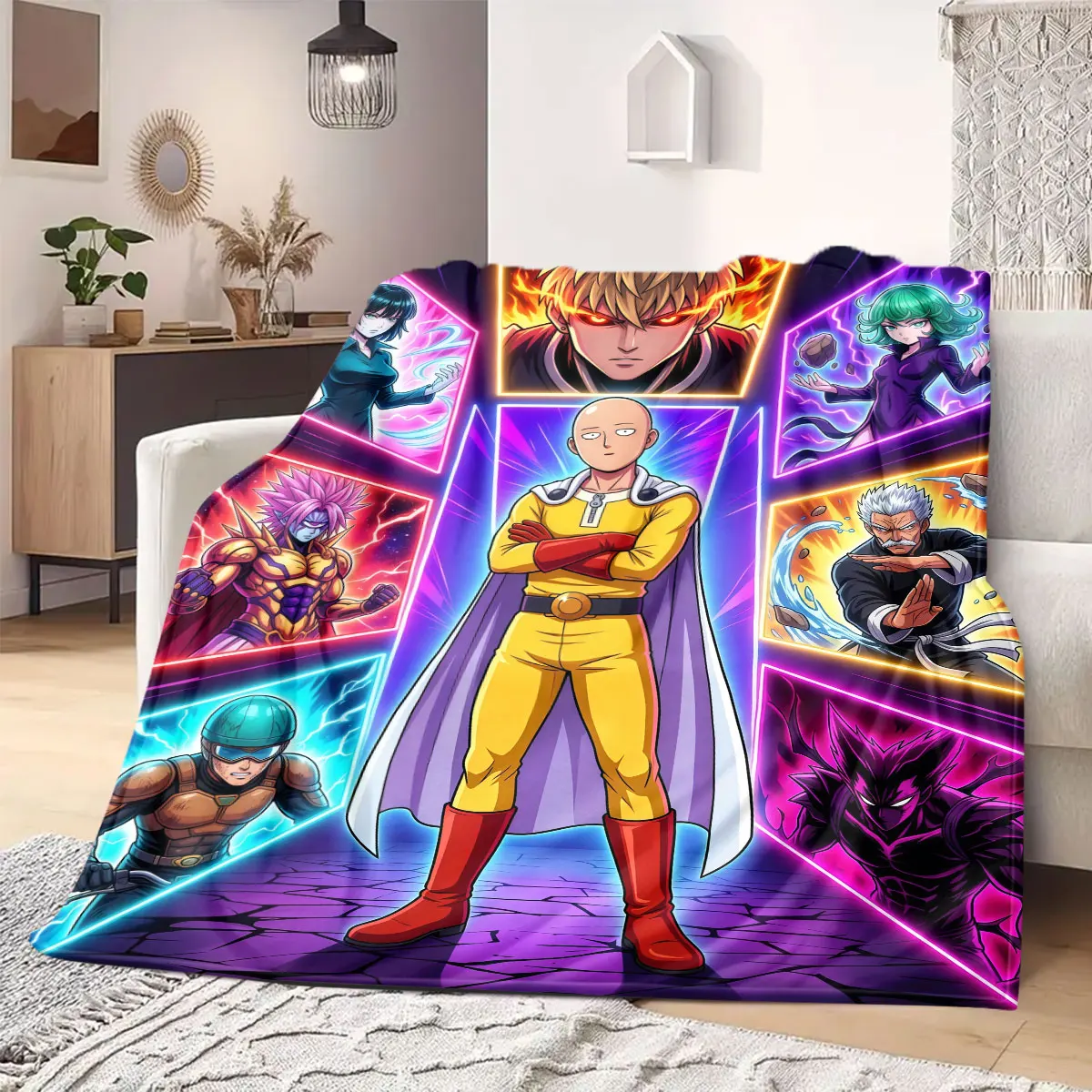 One Punch Man Bright Cartoon Flannel Blanket, Printed Style for Sofa Bed, Comfortable Bedroom Decor, Outdoor Picnic_LIAN