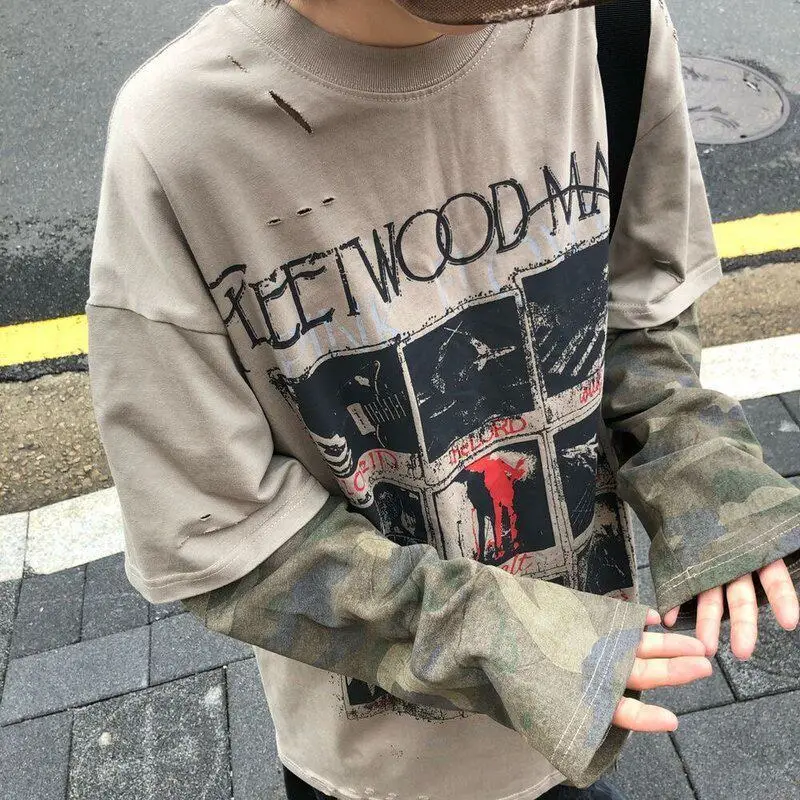 Men's Vintage Graphic T-Shirt Camo Sleeve Patchwork Fake 2PCS Distressed Long Sleeve Tee Streetwear Hip Hop Spring Fall Top