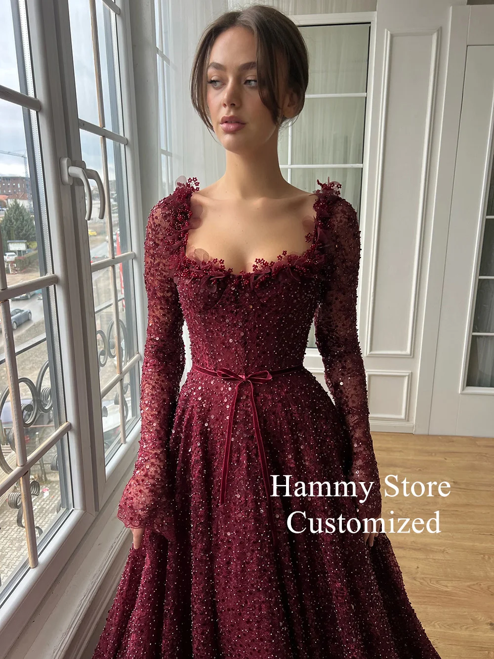 Woman Evening Dress Customized Square Neck Long Sleeves Beading Sequined Velour Belt A Line Sweep Train Prom Party Gown image 3
