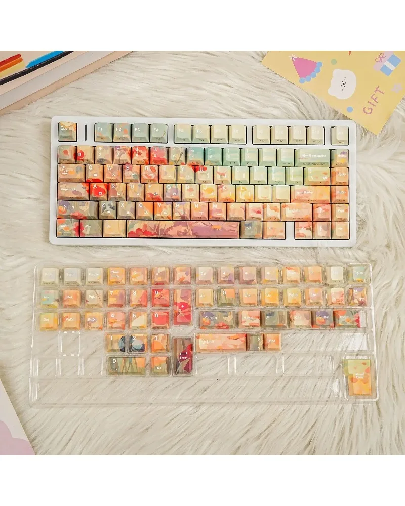 

Garden Style Double Engraved Transparent PBT Keycaps Full Set Korean Russian German Spanish Arabic Multilingual
