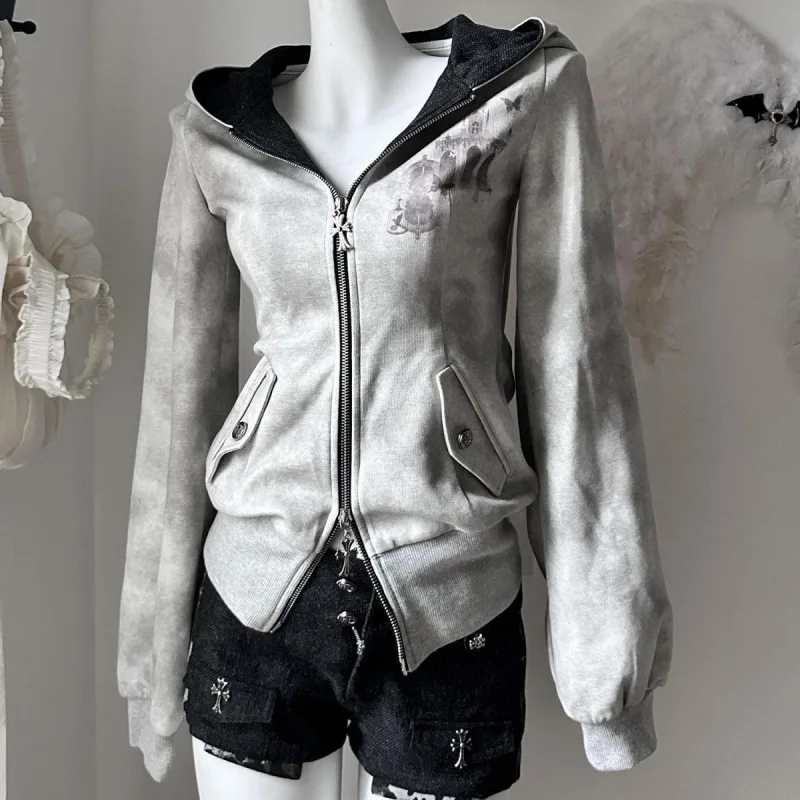 

Korean Vintage Y2k Slim Hoodies Autumn Winter New Gray Harajuku Print Hoodie Womens Subculture Zip-up Jacket Coat Streetwear