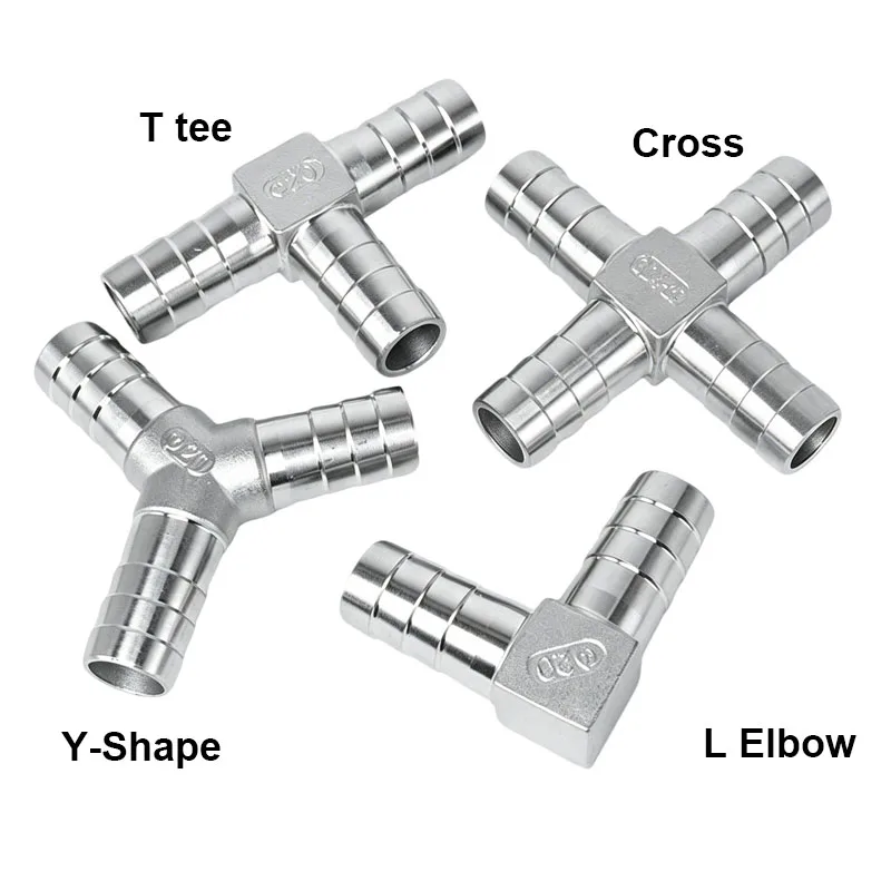 6 8 10 12 13 14 15 16 20 25 32 40mm 304 Stainless Hose Barb Elbow Corss Tee Y Shape 2 3 4 Ways Hosetail Splitter Water Gas
