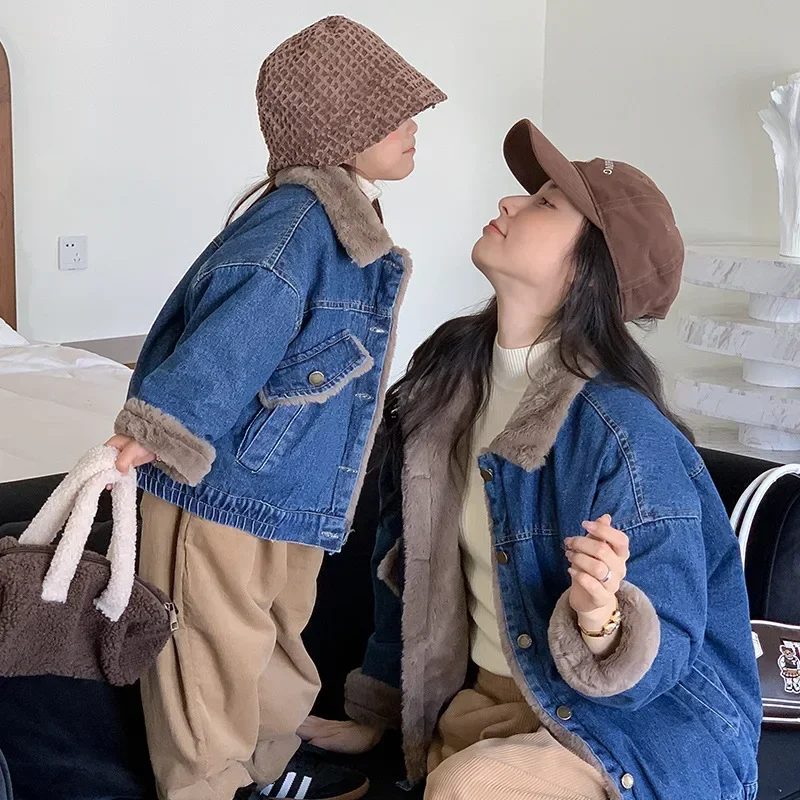 Family Children Jacket Fashion Korean Mother Baby Same Warm Plush Coat Women Clothes Lining Matching Daughter Thick Denim Kids