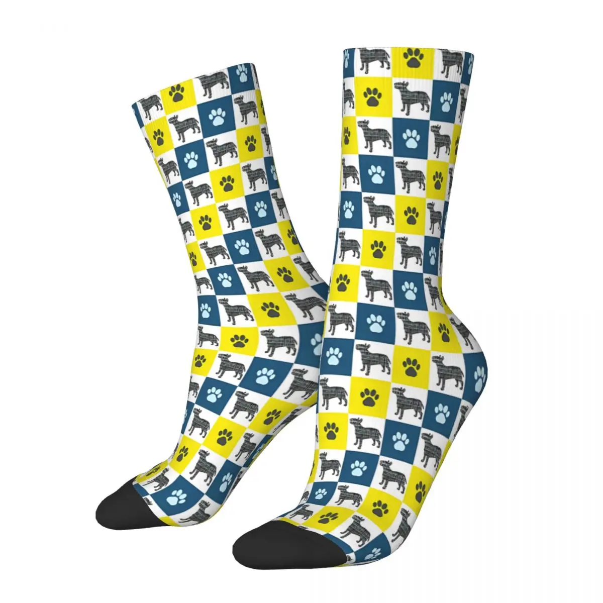 Paw Repeating Blue Yellow Grid English Bull Terrier Dog Sock Printed Man Polyester