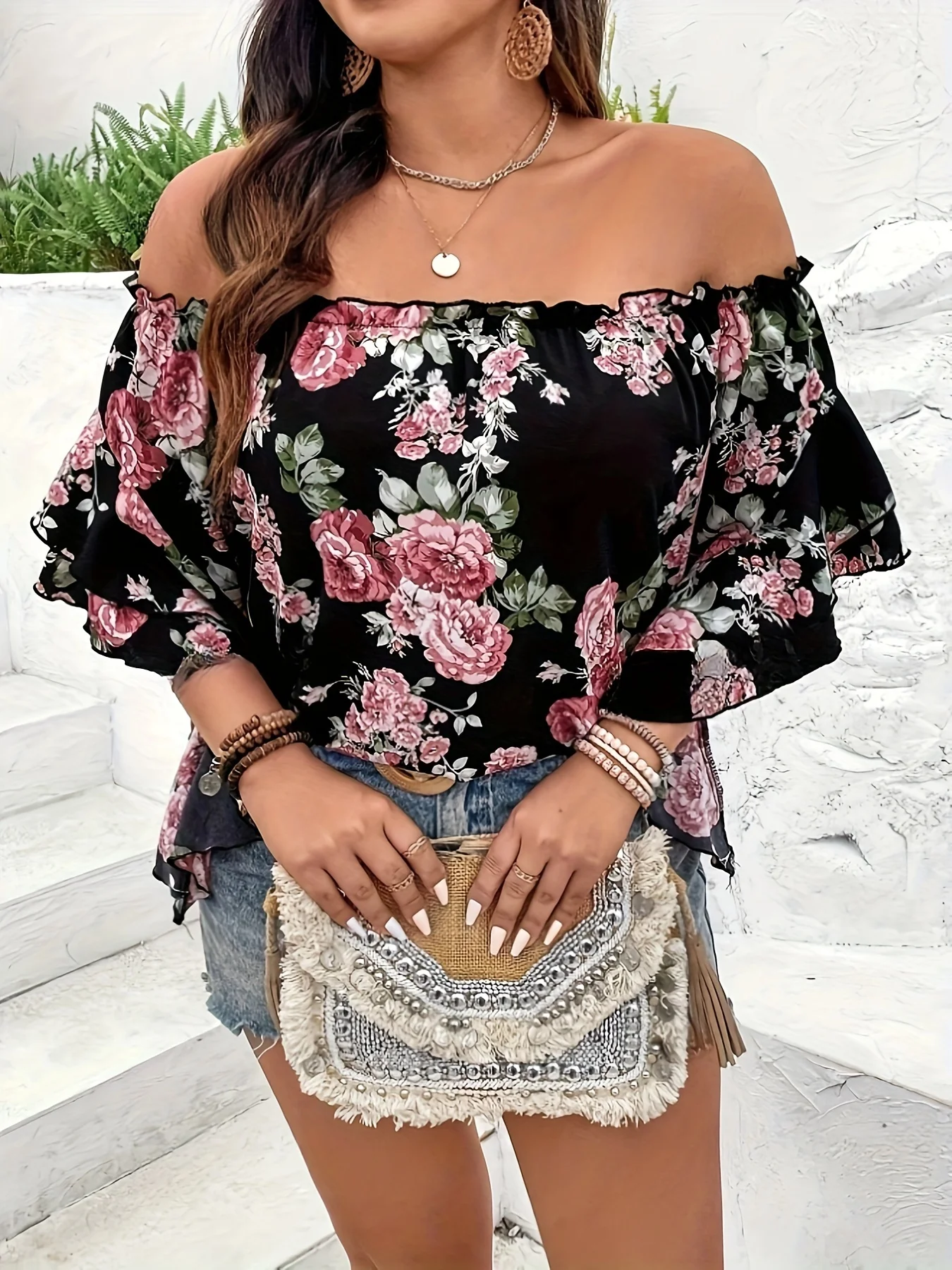 Plus Size Summer Women Elegant Chiffon Shirt Floral Print Off the Shoulder Tops Ruffle Sleeve Curve Clothing