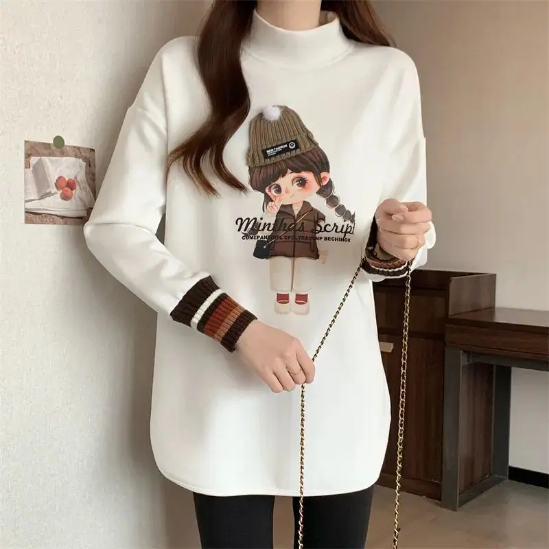 autumn Winter casual oversized T-shirts cartoon print Thicken women Long Sleeve bottoming T shirt warm Velvet y2k Top streetwear