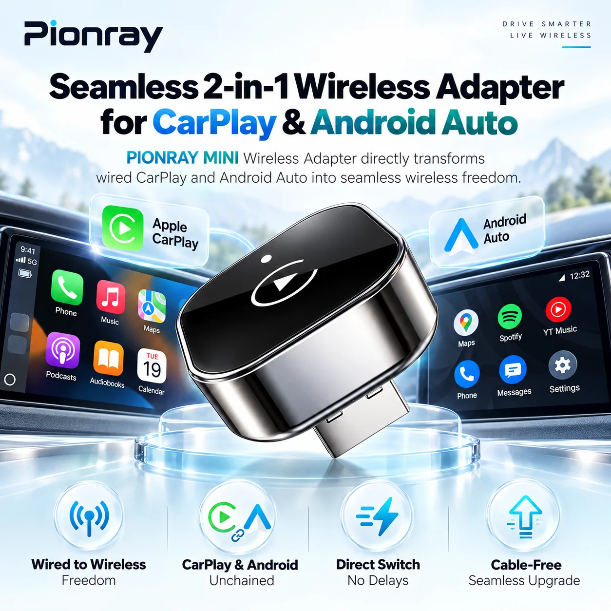 Upgraded Pionray Wireless CarPlay Adapter Stable Transmission No Delay Convert Wired to Wireless CarPlay for Enhanced Driving Ex