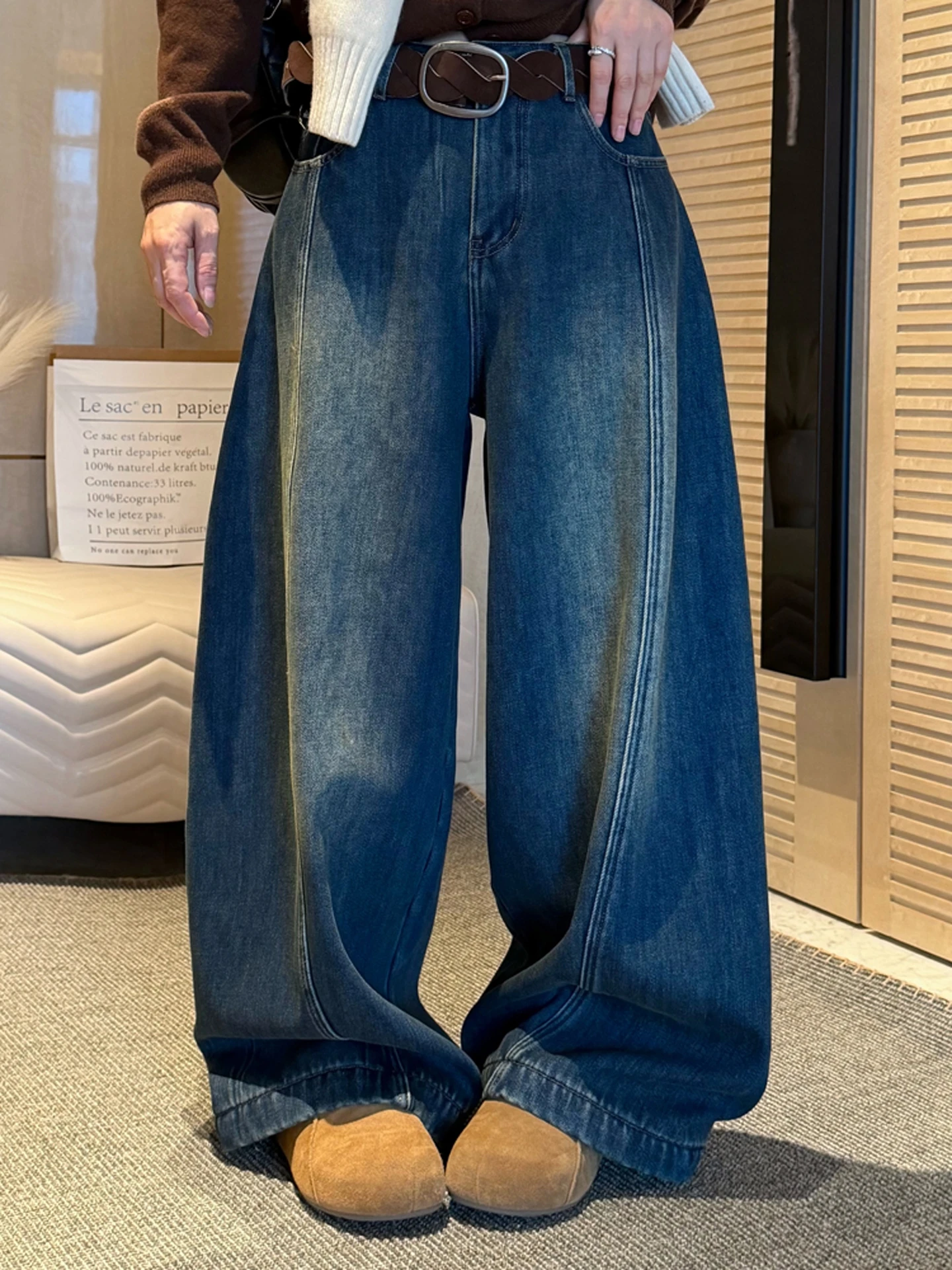 

Deep Blue Fleece Lined High Waist Wide Leg Jeans Women's Thickened Winter New Style Casual Comfortable Long Pants