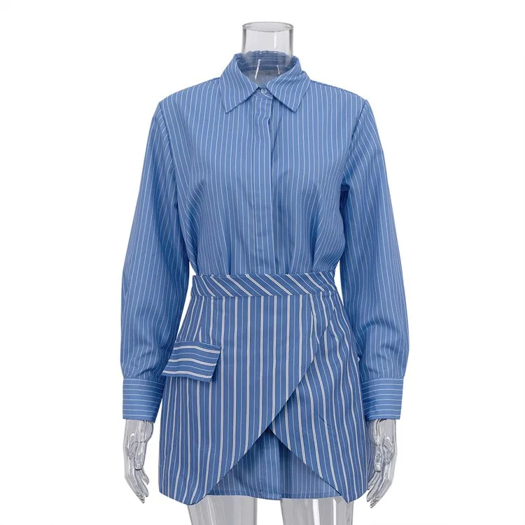 Blue And White Striped Shirt And Wrap Skirt 2 Piece Set Button Front Oversized Fit Mini Skirt with Tailored Waistband