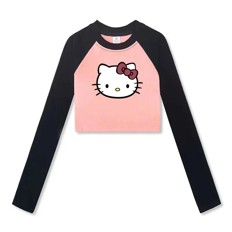 Sanrio Hello Kitty Women Slim Short Tees Y2k Cute Spring Clothes New Crop Tops Cartoon Fashion Streetwear t-shirt a maniche lunghe