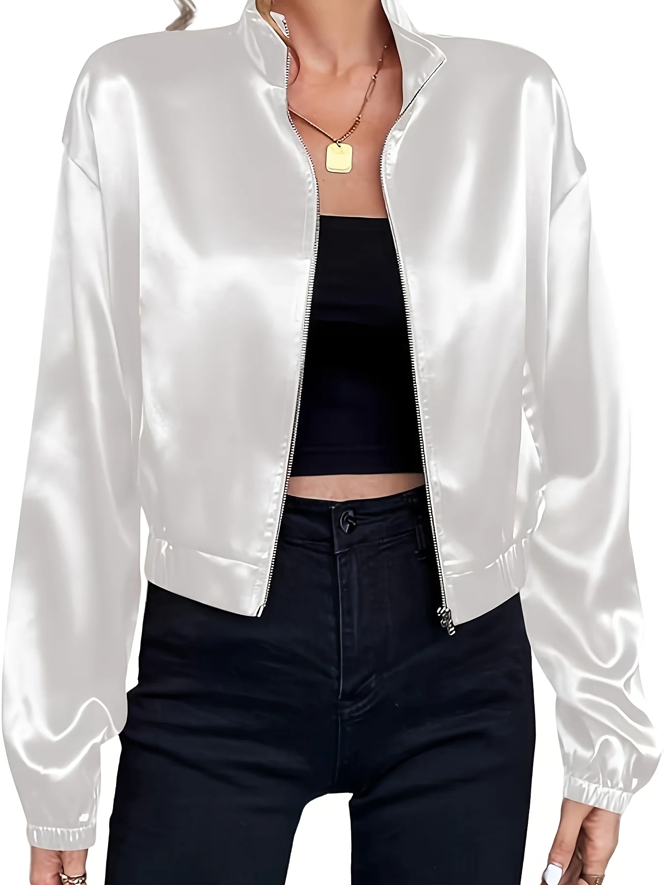 

Women's White Satin Cropped Bomber Jacket - Long Sleeve Zip Up Stand Collar Jacket