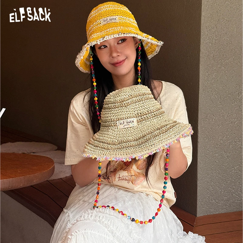 

ELFSACK Women's Crochet Straw Bucket Hat with Colorful Bead Chain, Striped Woven Sun Hat for Summer Beach, Cute Casual Vacation