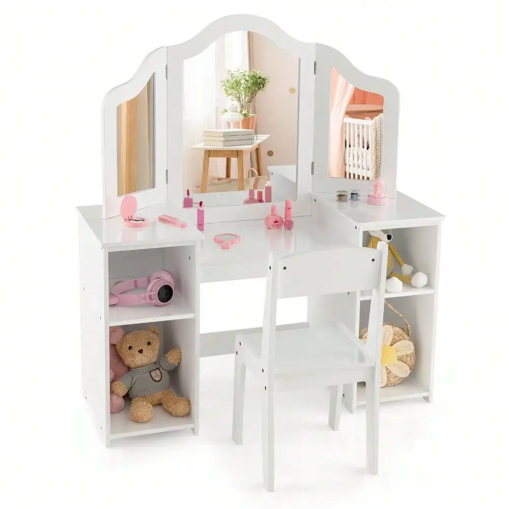 

Vanity 2 in 1 Princess Makeup Desk & Chair Set Safe Tri-fold Mirror White
