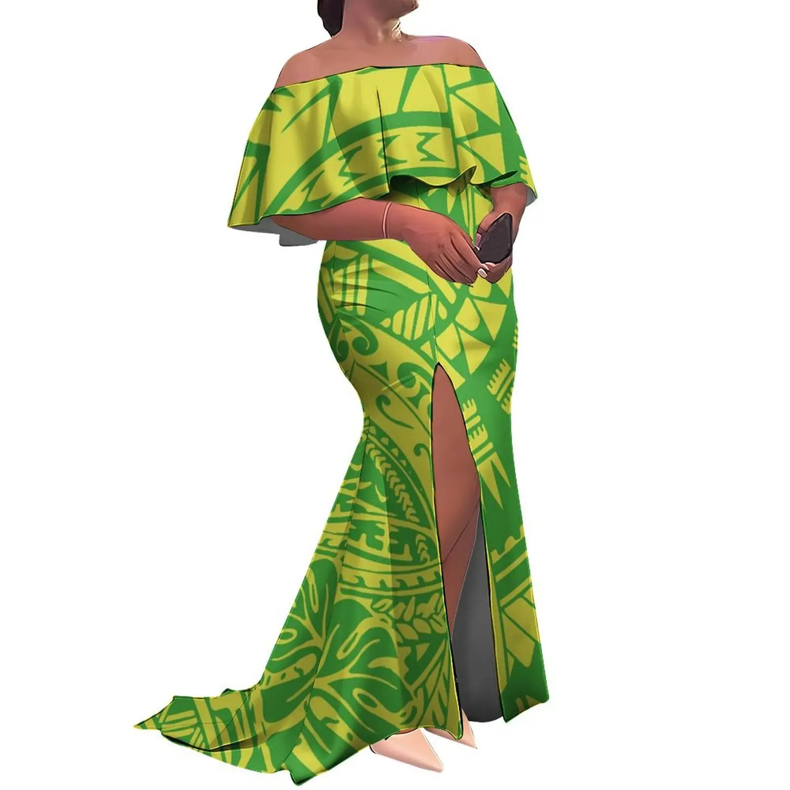Tax Included Best Price Custom Polynesian Tribal Slit Pleated Long Dress Women Mermaid Fishtail Off Shoulder Prom Dress