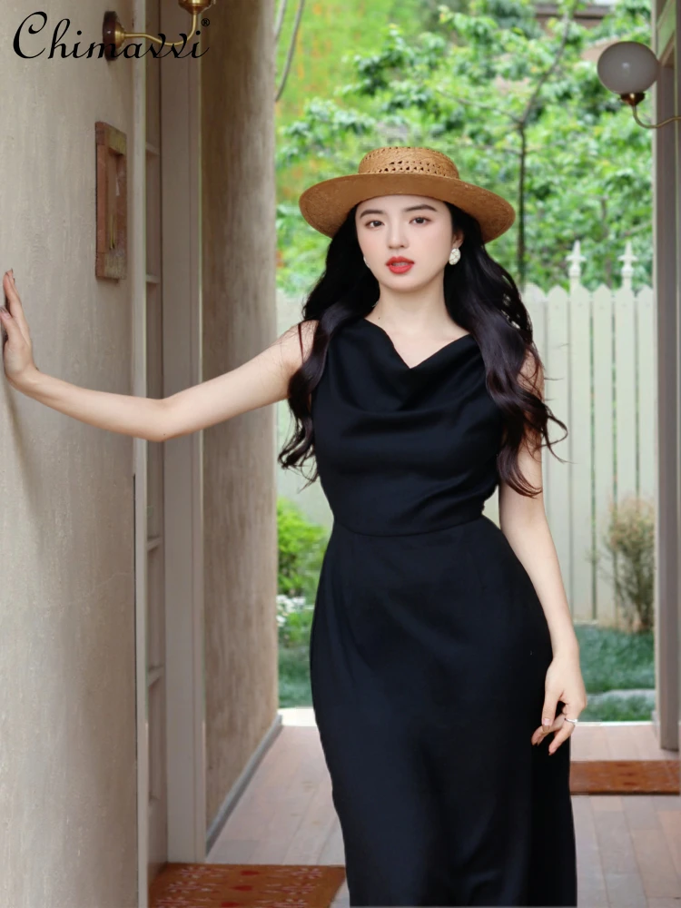 

French Elegant Sexy Dresses Sleeveless Single Shoulder High Waist Slim Back Split Temperament Commuting Black Long Dress Women