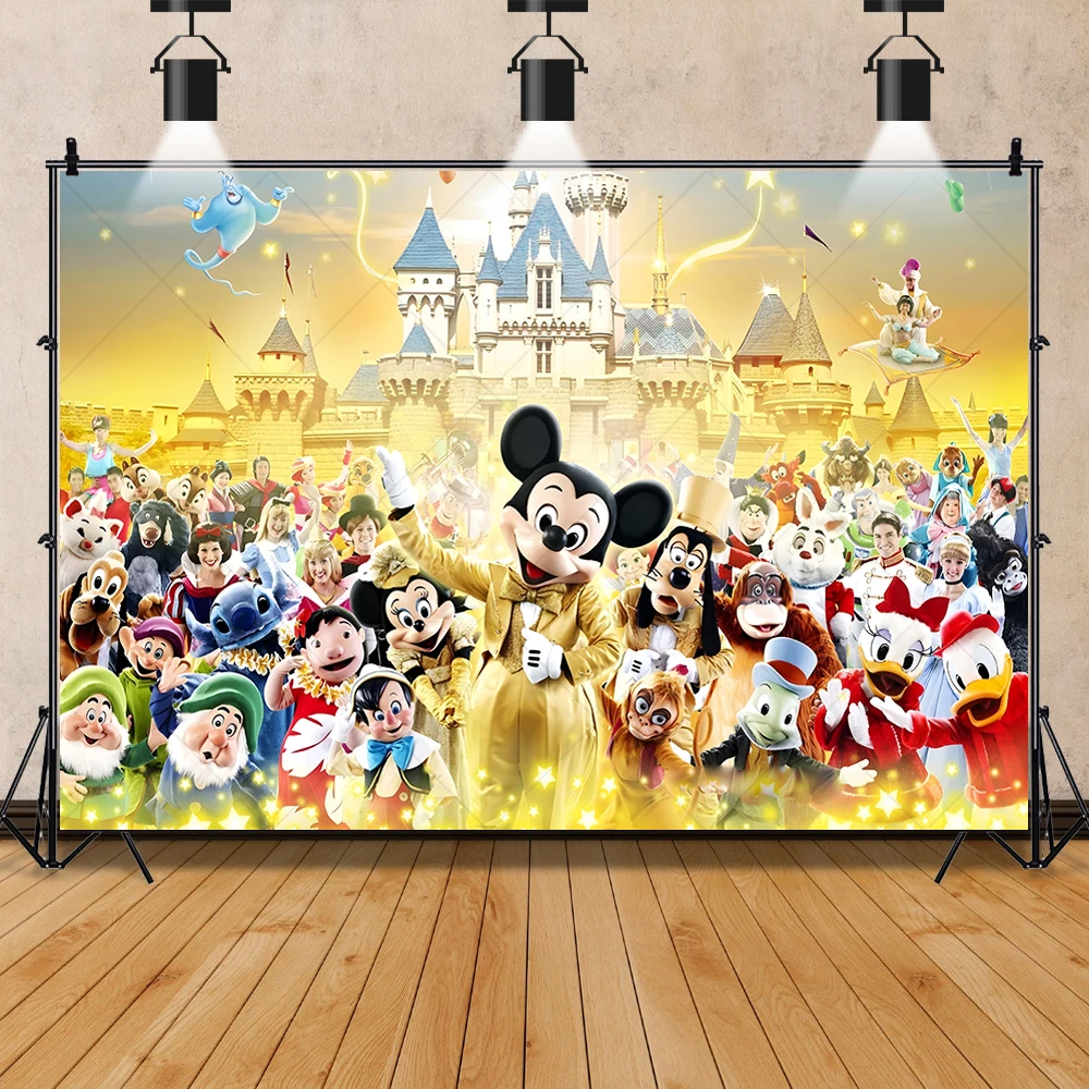 

Disney Princess Minnie Mickey The Lion King Stitch Photography Backdrop Customized Fairy Tale Castle Children's Birthday Party