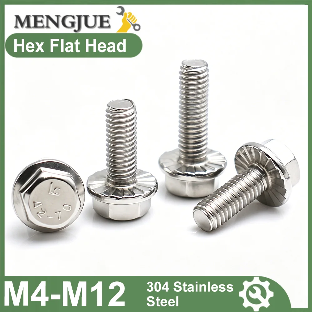 2-15pcs 304 Stainless Steel Flange Hex Bolts Toothed Anti Slip Flange Face Screws M4 M5 M6 M8 M10 M12