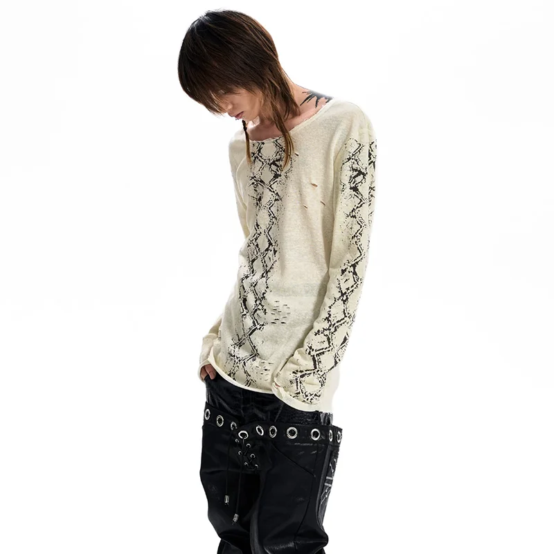 LUZHEN 2026 New Snake Print Slim-fit Long-sleeve T-shirt Men's High Quality Pure Cotton Thin Round Neck Casual Tops Male JY9383