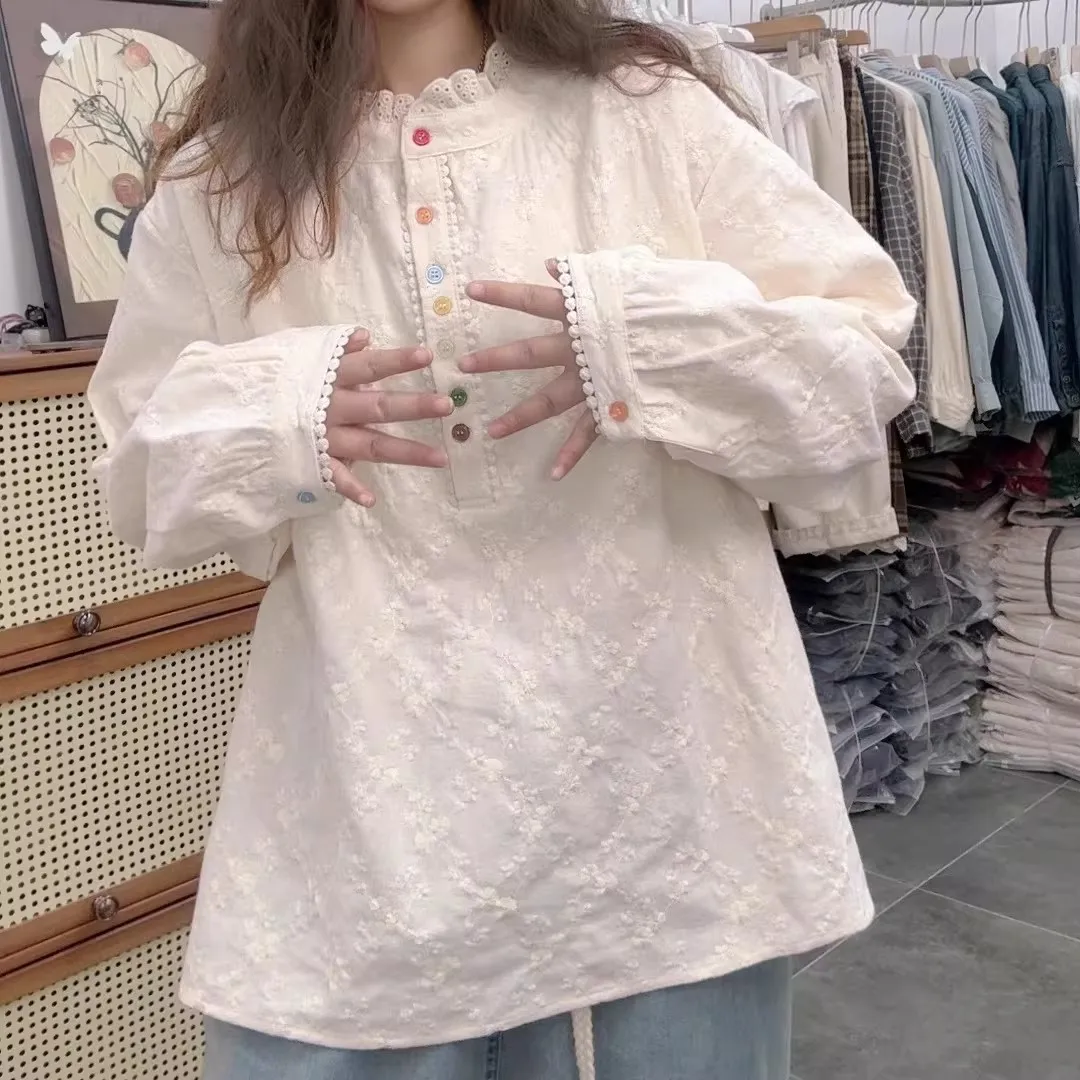 

Embroidered Long Sleeve Shirt Loose Fit Casual Style Spring Fashion Ladies' Premium Quality Big Size Internal Wear Shirt