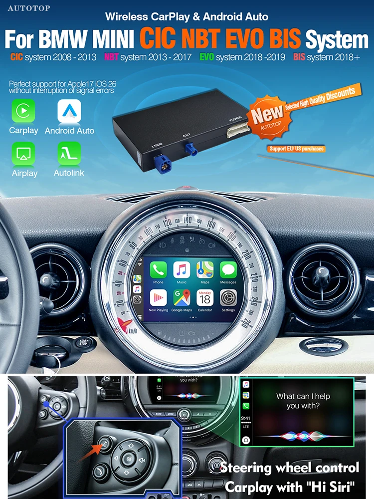 AUTOTOP Draadloze CarPlay Android Auto Upgrade Module voor BMW MINI Cooper F55 F56 F54 F57 F60 CIC NBT EVO BIS Mirror Link AirPlay - afbeelding 2