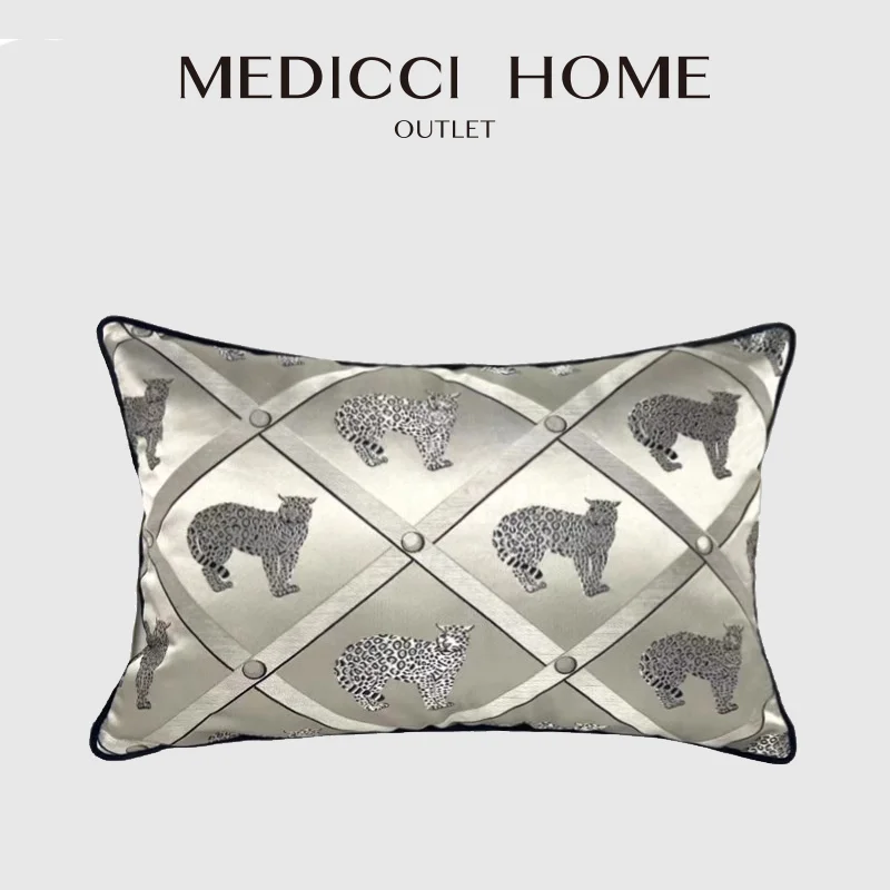 Medicci Home Modern Upholstery Cushion Cover Designer Walk Leopard Pattern Embroidered Lumbar Pillowcase Compliments Sofa Couch