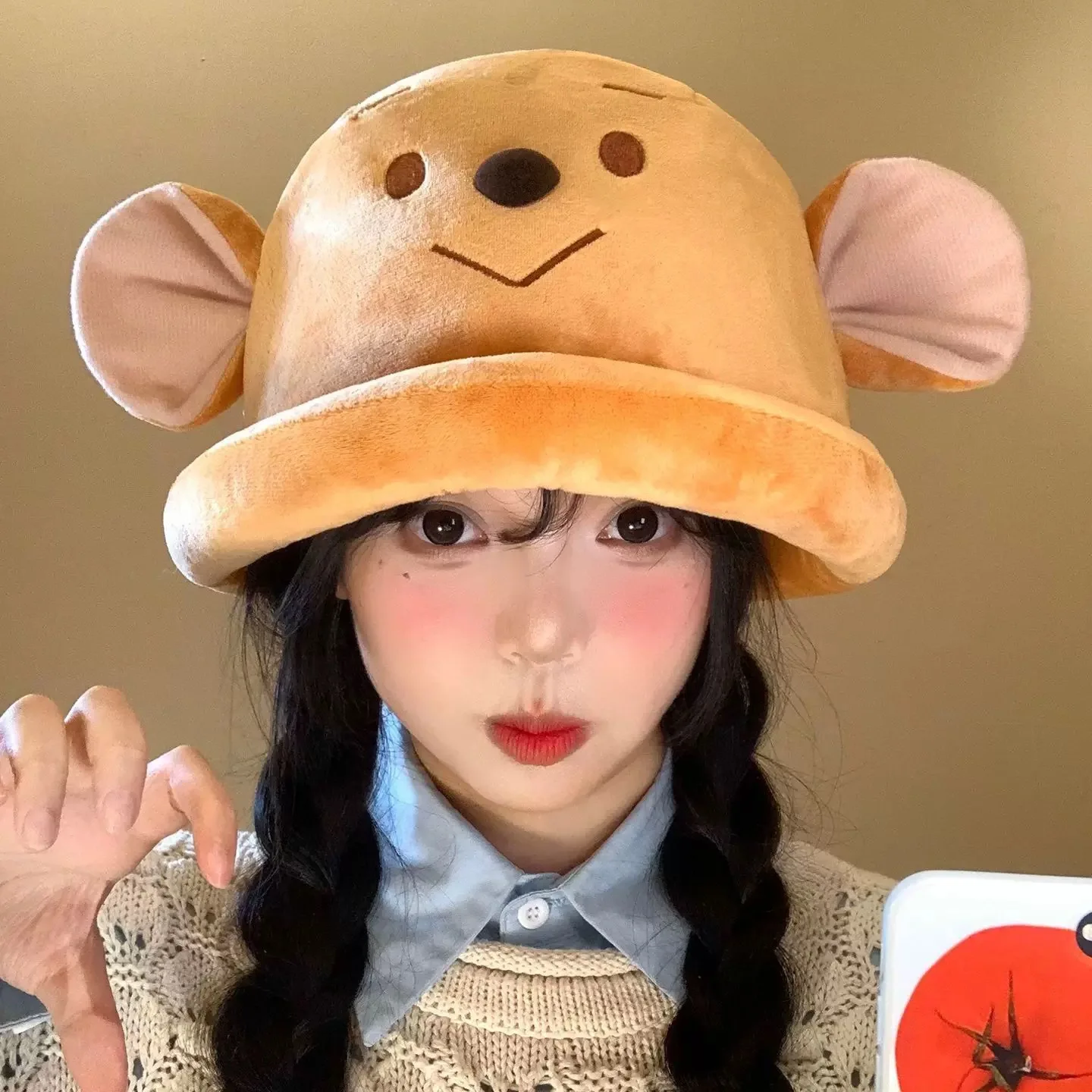 Women's Cute Cartoon Koala  Mouse Ear Plush Bucket Hat Fuzzy Winter Casual Daily Headwear Girl Gift