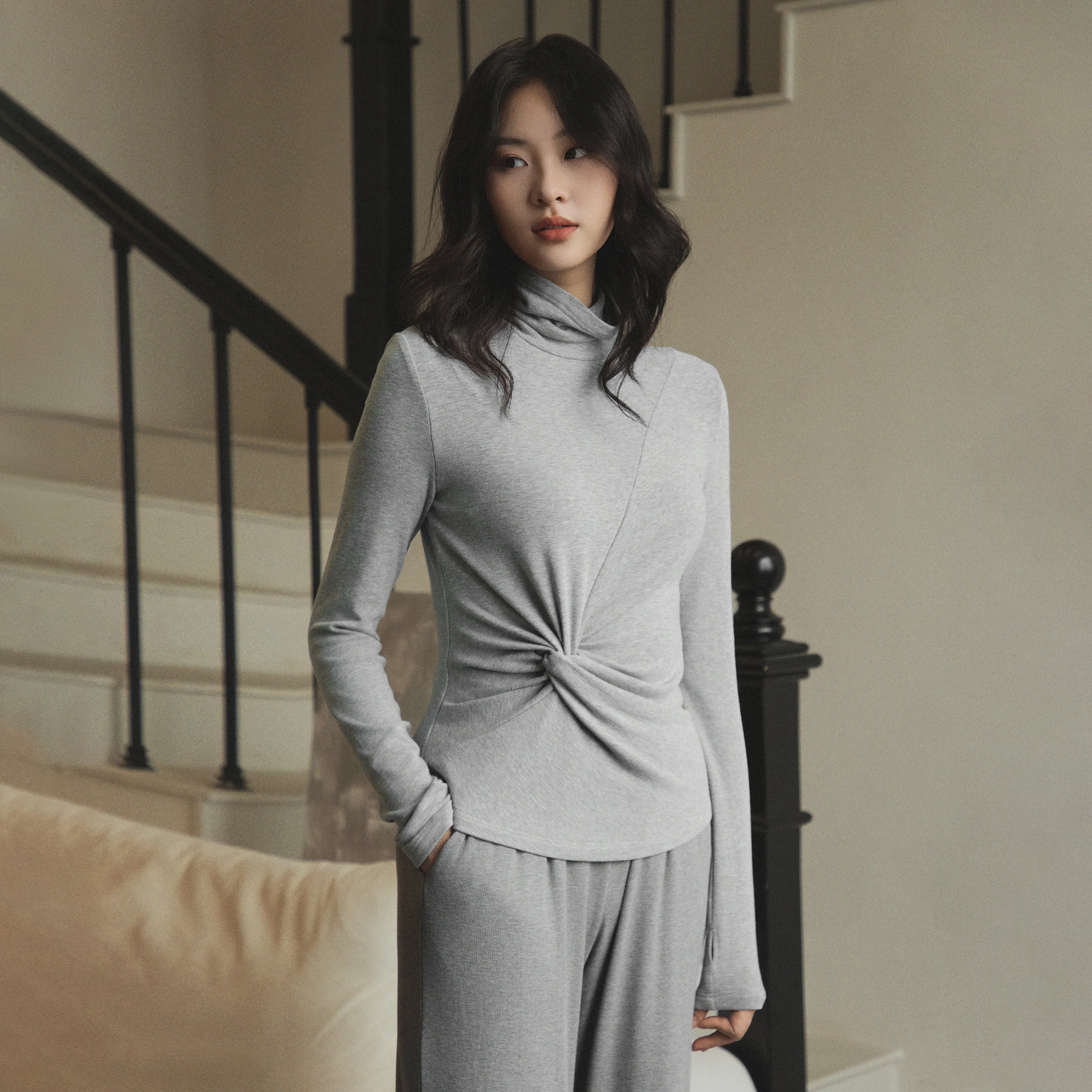 Musebree High Neck Warm Waist Slimming Gray Loungewear