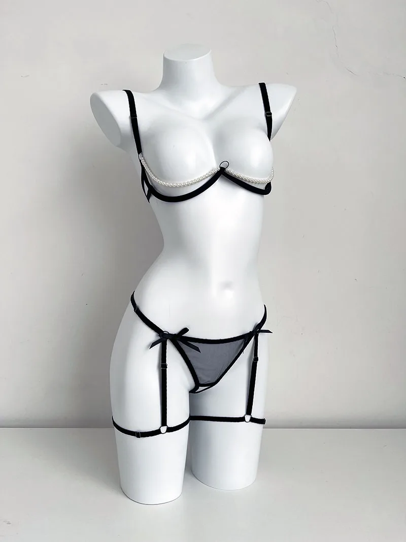 Lencería Sexy y divertida para mujer, Conjunto de sujetador transparente con perlas artificiales, ultrafino