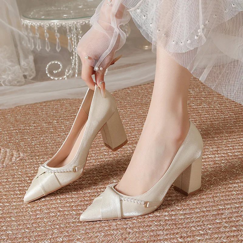 Size 30-44 Point Toe Chunky Heel Satin Apricot High Heels Women Shoes Pearls Dress Shoes