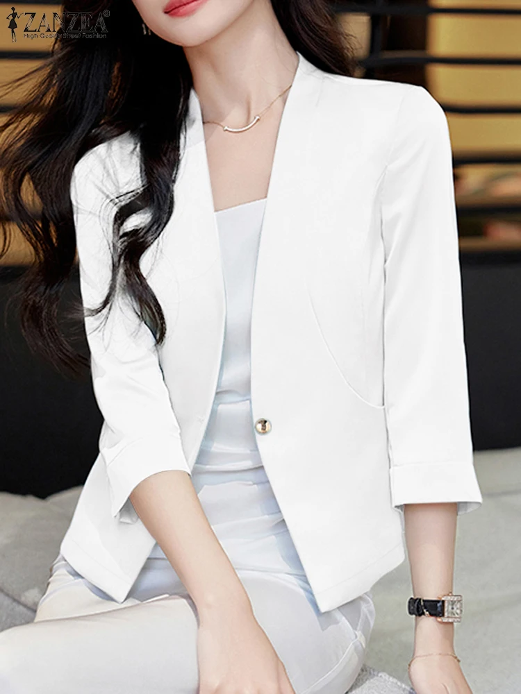 ZANZEA Summer Fashion Solid Satin Blouse Women Elegant Casual Office Lady Work Wear Spring V Neck 3/4 Sleeve Blazer Outwear