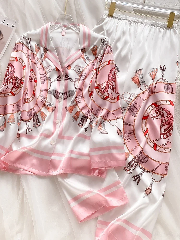 

New White Powder Printed High end 100% Silk Nightwear Long Sleeve Thin Home Clothing