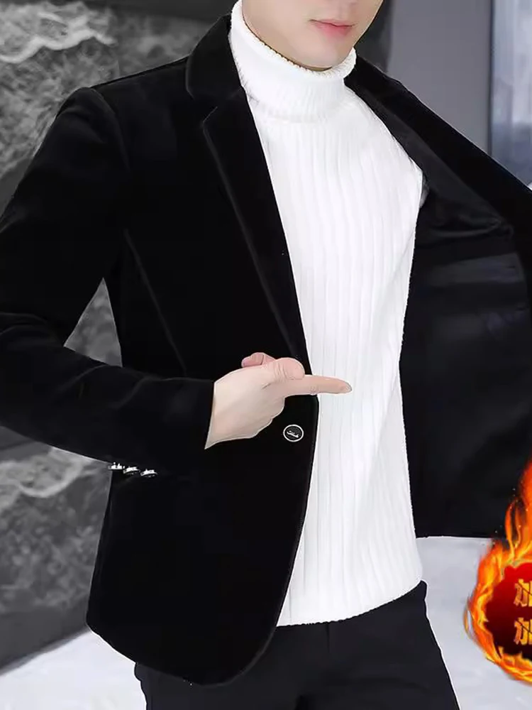

Faionable Autumn Winter Men's Single-breasted Velvet Jaet Fce Lined Slim Fit Korean Sle Thi Pure Color Small Suit