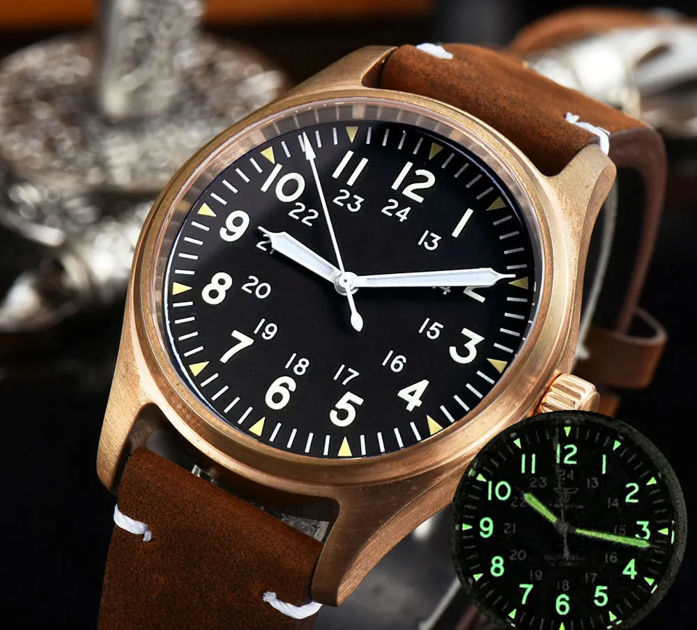 CUSN8 Solid Bronze 39mm Pilot Automatic Diving Watch For Men Tandorio 200m Waterproof Luminous NH35A PT5000 Sapphire Glass