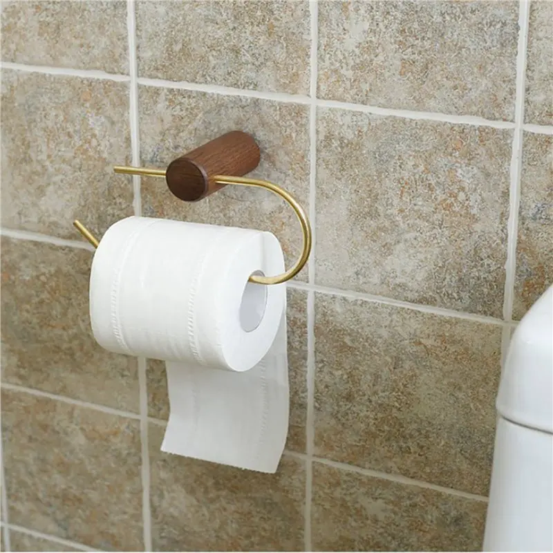 A88Z 2X حامل الأنسجة الخشبية النحاس حامل ورق المرحاض تخزين المرحاض حامل الورق الملفوف حامل رفوف الجوز الأسود والذهبي #4