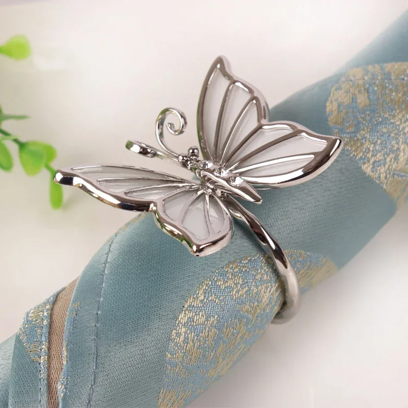 Shiny Silver Gold Plating Seashell with Clear Rhinestones Jeweled Butterfly Design Metal Alloy Napkin Rings Set of 6 Pieces