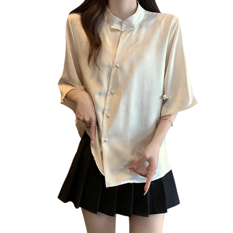 Women Printed Blouse Summer Stand Collar Half Sleeve Shirt Thin Apricot Large Size4XL Loose Single-breasted Vintage T-Shirt Tops