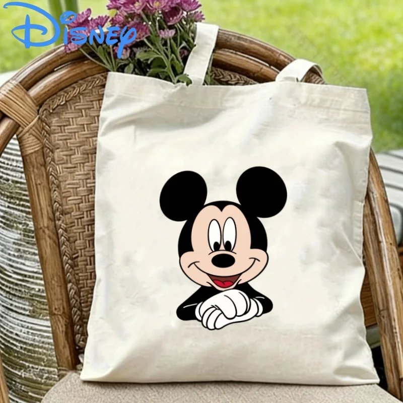

1PC Disney Mickey Mouse Smiling Face Print Double-Sided Canvas Shoulder Bag Eco Handbag