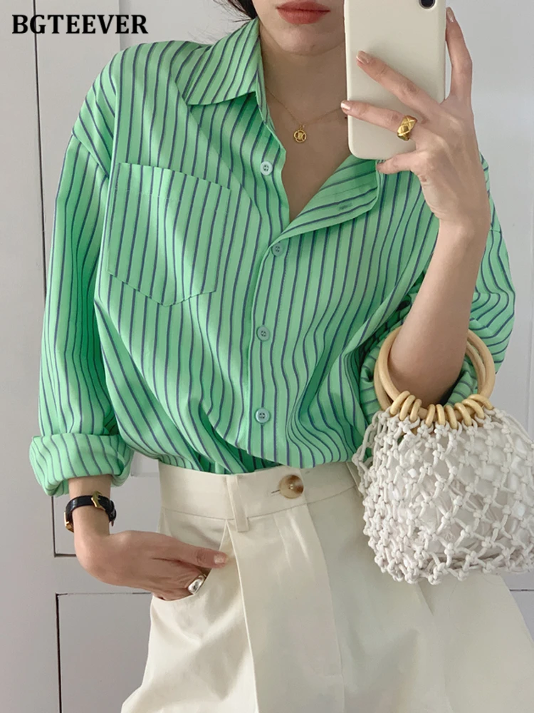 BGTEEVER Casual Loose Turn-down Collar Female Striped Blouses Long Sleeve Single-breasted Pocket Women Shirts Tops Spring Autumn