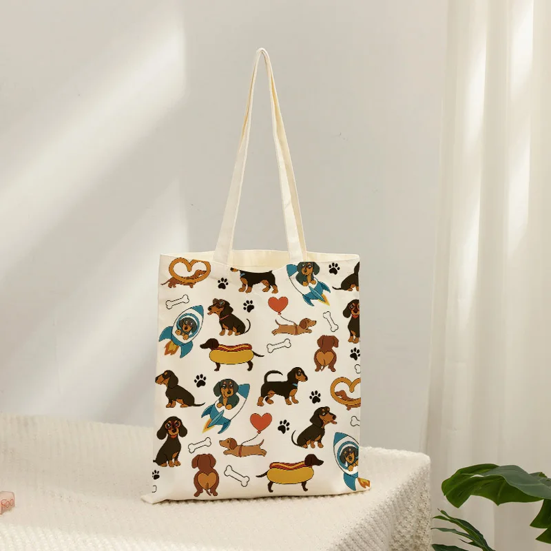 

Cute Dachshund Pattern Canvas Shoulder Bag, Reusable Tote Bag for Women Daily Commute, Travel and Shopping Activities