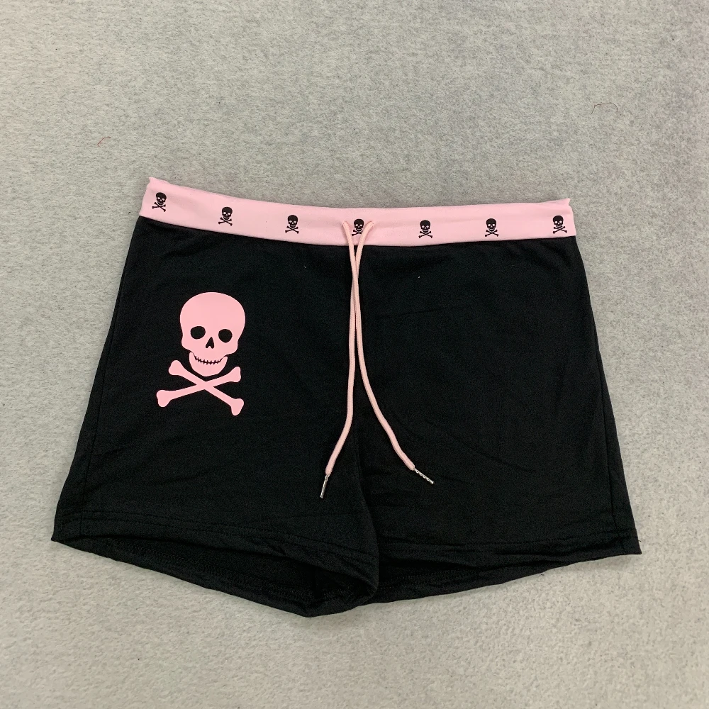 Gothic street style women's low waisted shorts Y2K skull print pink border drawstring daily casual sports hot pants