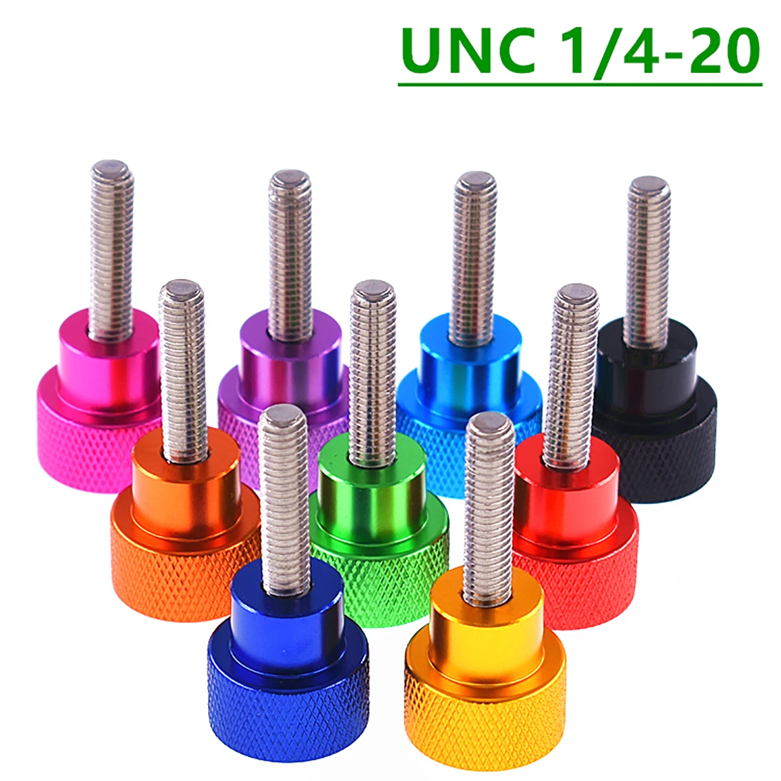 1Pcs UNC 1/4-20 Head Dia 20mm Colourful Thumb Screw Aluminum Alloy+Stainless Steel Flat Head Knurled Hand Grip Knob Step Bolts