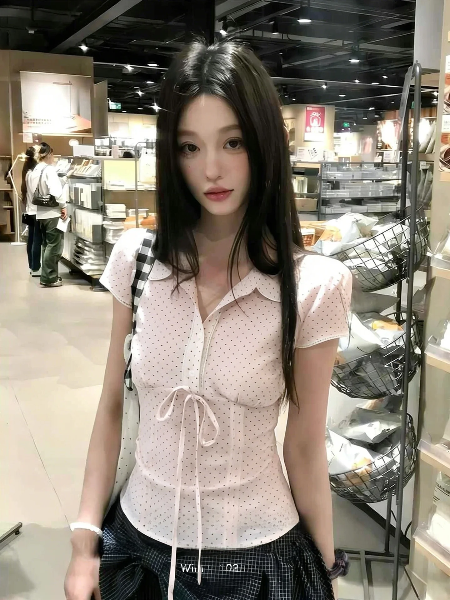 

Pink Polka Dot Short Sleeve Women's Shirt Baby Doll Collar Slimming Korean Style College Fashion Top Sweet Style Early Spring