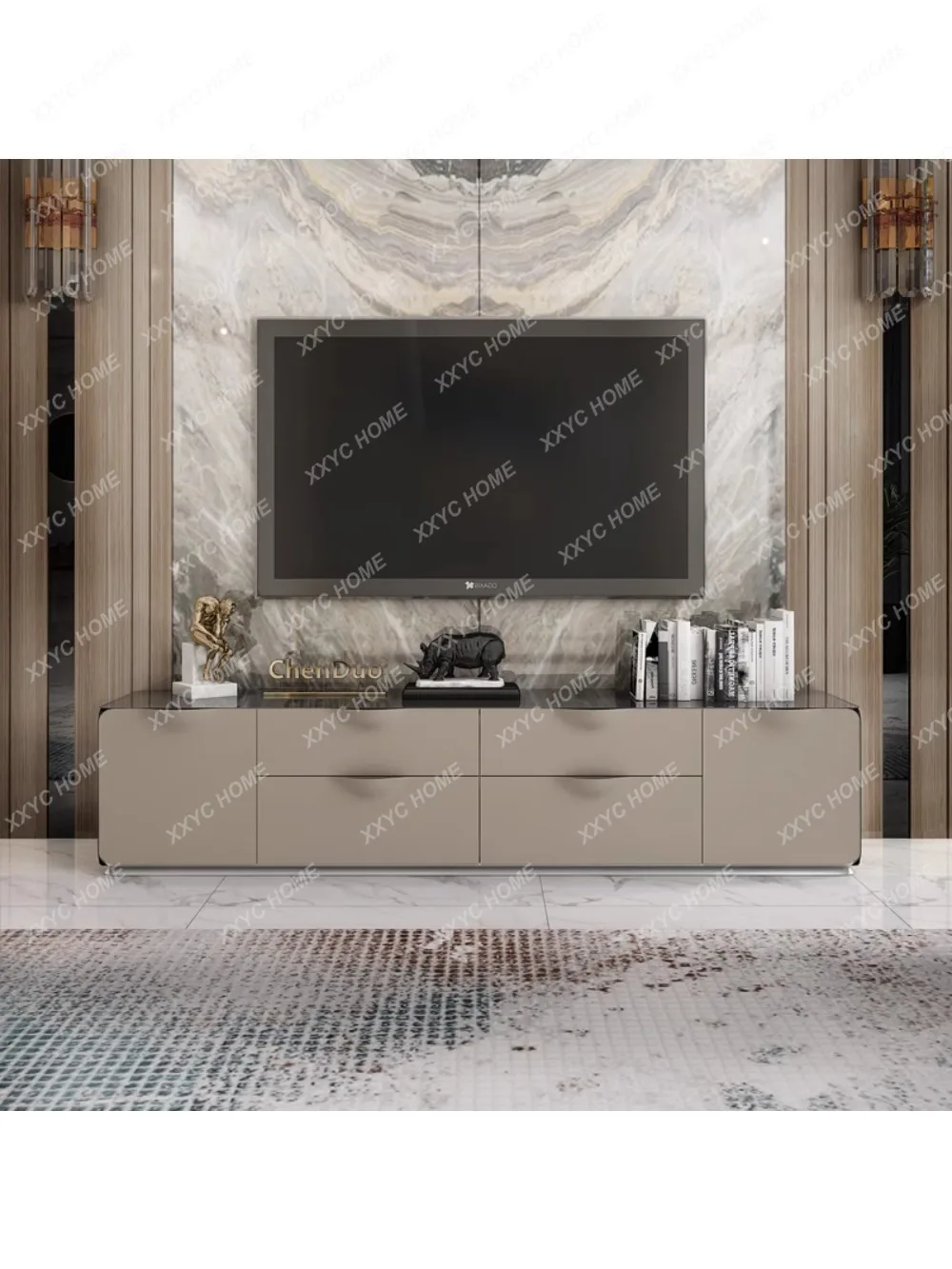 Modern Simple TV Cabinet Living Room Glass TV Stand Leather Storage Furniture