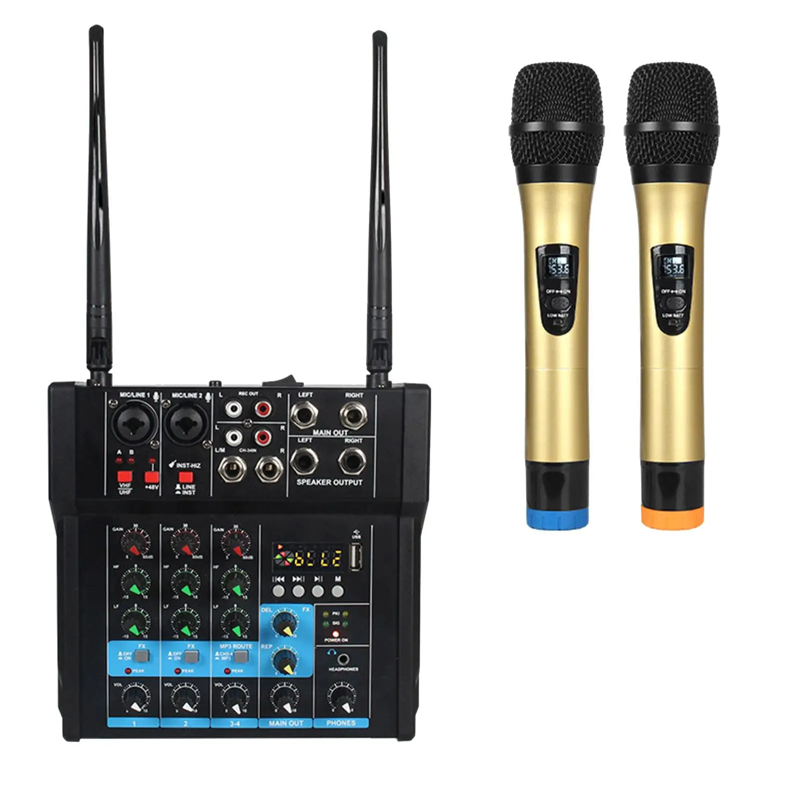 Audio Mixer Amplifier with Wireless Mic Professional DJ Mixer for Computer Recording Live Streaming Karaoke Party