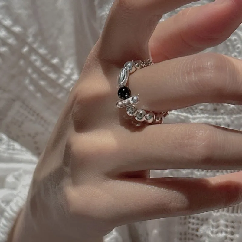 

VENTFILLE 100% 925 Sterling Silver Ring for Women Black Agate Bead Retro Elastic Rope Office Bohemia Jewelry Gift Dropshipping