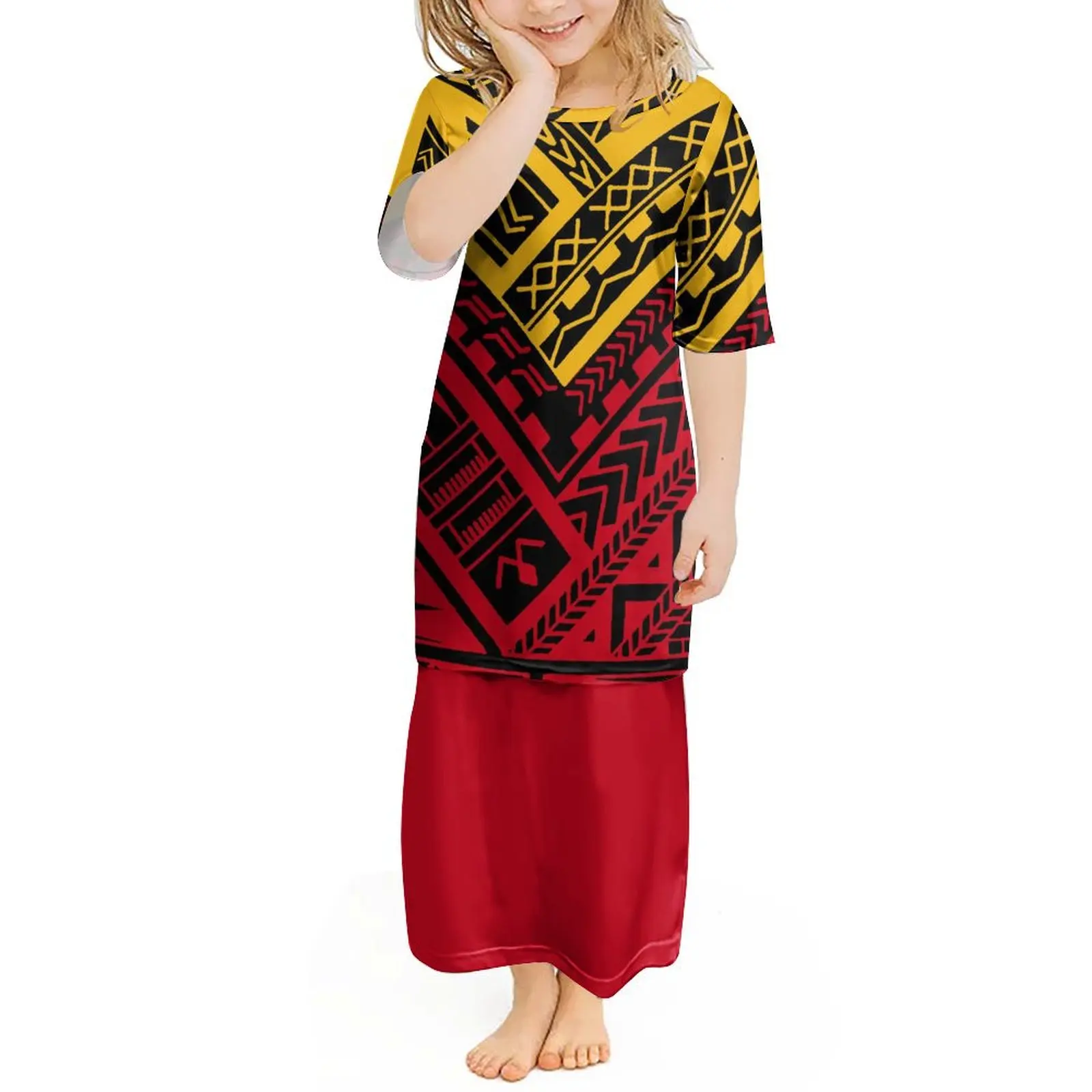 

High Quality Stylish Girls Puletasi Top And Long Skirt Two Piece Comfortable Dress Set 2-14t Polynesian Island Print Custom